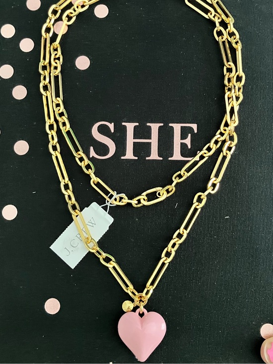 J. Crew Jewelry - NWT J Crew Pink Enamel Heart Gold Tone Chain Link Statement Necklace